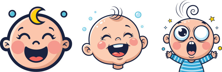 Cartoon baby faces, emotional expressions, happy kids, surprised child, cute illustration, vector art, children emotions, playful design, stock image