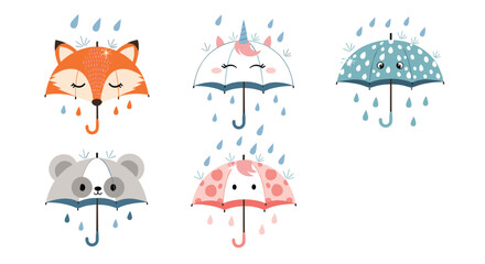 Fototapeta premium Cute woodland animal faces peeking from behind umbrellas in the rain.