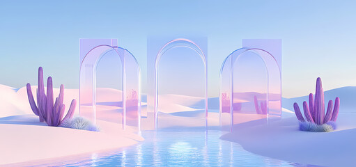 Pastel Desert Oasis with Glass Archways