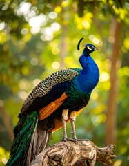 Obraz premium A peacock perched on a tree branch, vibrant colors against a bokeh background