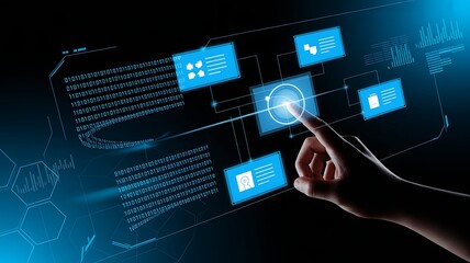 Futuristic technology interface representing data processing and communication with human touch in digital world