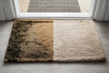 Dirty welcome mat next to clean carpet at entrance door