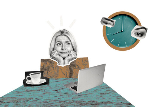 Composite photo collage of puzzled businesswoman look time watch eyes wink deadline expire coffee cup laptop isolated on painted background