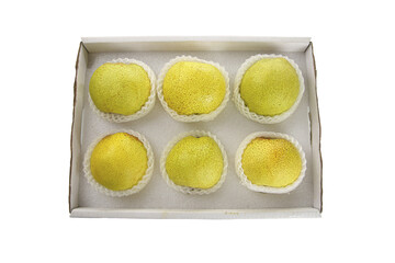 Fresh Yellow Asian Pears in Gift Box with Protective Packaging on White Background