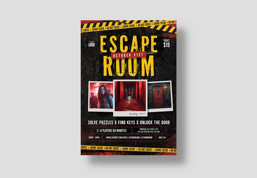 Halloween Escape Room Flyer Template with Police Line Crime Scene Theme