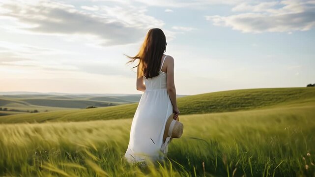 Woman in White Dress Walking Through Green Field with Hat in Hand