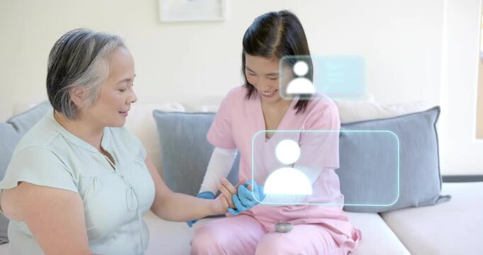 Nurse donning gloves then pricking patient finger while icons capturing health data at home