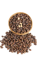 Fresh Pine Nuts in Wicker Basket from Yunnan Harvest on White Background