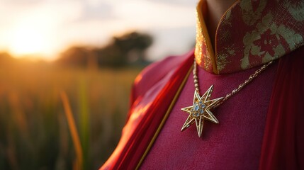 ao. Golden star-shaped brooch on silk ao dai collar, shallow depth of field with blurred sunset, symbolizing national pride. inspiring travel planning.