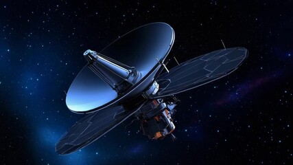 Spacecraft exploring deep space with solar panels and a large satellite dish - Powered by Adobe