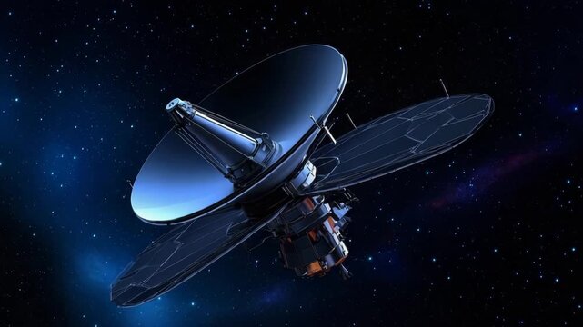Spacecraft exploring deep space with solar panels and a large satellite dish
