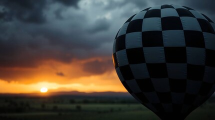 Checkerboard hot air balloon pattern with sun horizon behind