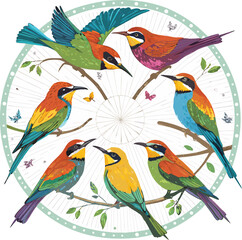 Exotic birds arranged in a circular layout, vivid colors
