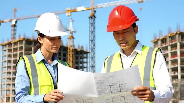 Construction workers reviewing blueprints on site project management engineering team safety first