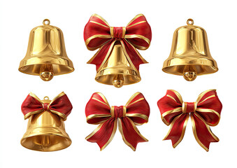 Six golden Christmas bells, each with a red ribbon bow
