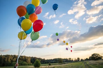 Cluster of balloons rising in the sky