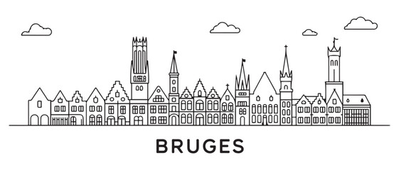 Naklejka premium Bruges Line Art skyline horizontal banner. Bruges, Belgium. Vector template for your design. with white background
