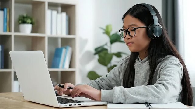Online learning asian girl studying with laptop and headphones home education remote work student - Powered by Adobe