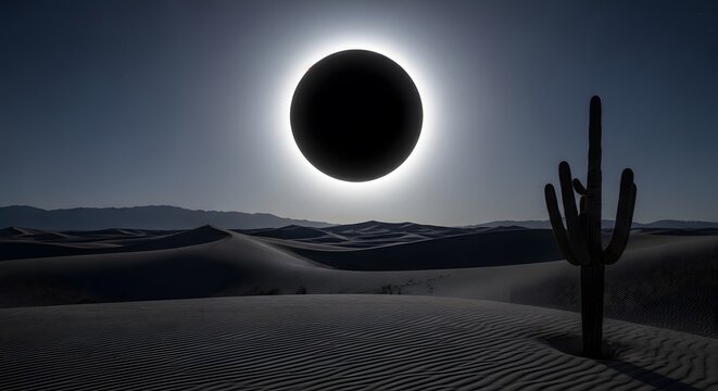 A total solar eclipse casts a shadow over a desert landscape with sand dunes and a saguaro cactus