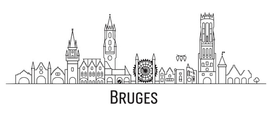Fototapeta premium Bruges Line Art skyline horizontal banner. Bruges, Belgium. Vector template for your design. with white background