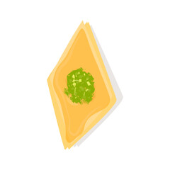 Pistachio baklava one piece in diamond shape Makrhrebi cuisine dish on white background