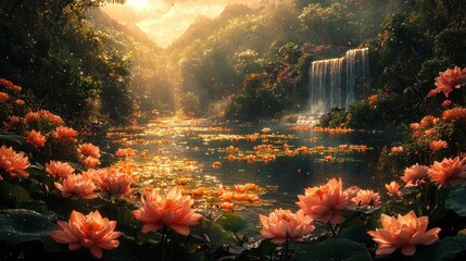 Serene sunset over a tranquil jungle waterfall and lotus pond.