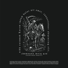 Grim reaper riding dead horse and holding scythe in the graveyard, dark art isolated on black background