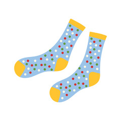 Blue socks with colorful polka dots. Decorative clothing accessory. Vector illustration isolated on white background.