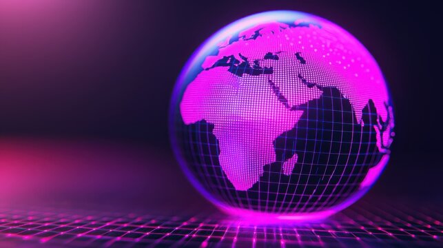 A digital globe highlighting Africa with a pink grid design on a dark background, symbolizing technology and connectivity.