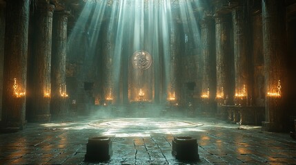 Naklejka premium Mystical ancient temple interior with sunbeams.