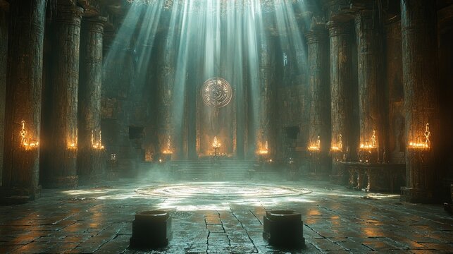 Mystical ancient temple interior with sunbeams.