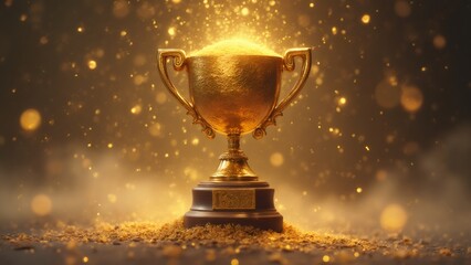 Golden trophy cup against a sparkling background for achieving goals