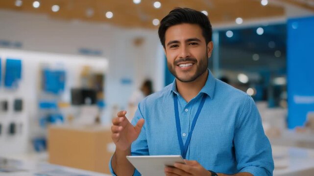 A cinematic portrayal of a salesperson overstating a gadget's features in a retail store setting.