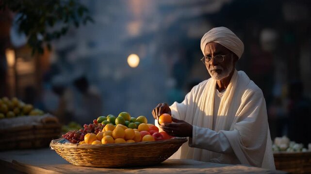 A cinematic scene captures a street vendor in a bustling market, exaggerating product quality with a fruit basket and cash box.