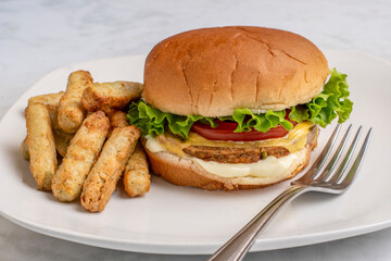 veggie cheese burger with broccoli fries