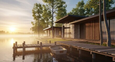 Serene Lakeside Cabin at Sunrise with Misty Atmosphere and Wooden Dock.