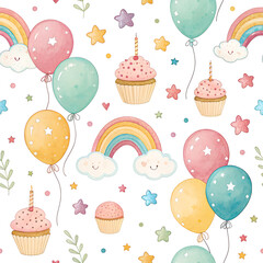 Seamless pattern with cheerful balloons, cupcakes, and rainbow stars.