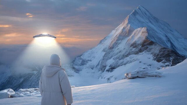 A hiker in a parka witnesses a glowing UFO in the mountains at dusk, surrounded by a map, water bottle, and snowy peak, captured in a cinematic wide-angle shot.