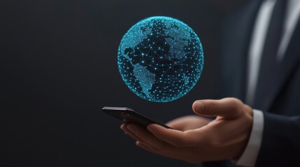 A businessman holds a smartphone displaying a holographic world, symbolizing global connectivity and technology.
