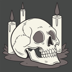 Detailed Halloween skull vector with dripping candles. Ideal for gothic posters, horror themes, party designs, and tattoo-inspired artwork. Editable design.