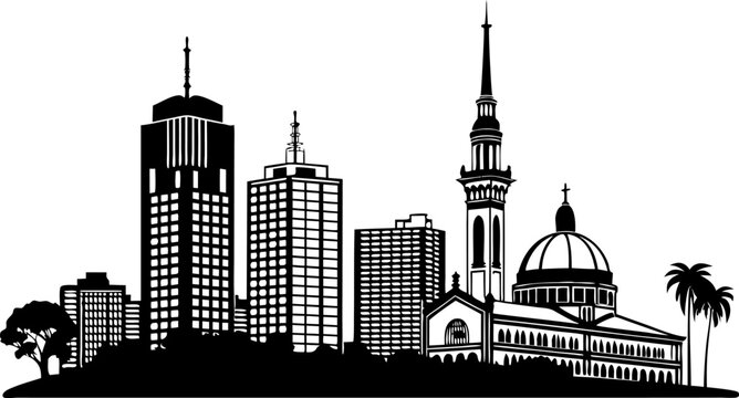 Vector art of silhouette of the nassau skyline showcasing iconic landmarks and architectural details in black and white