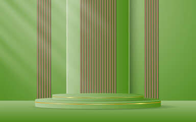 Green podium with elegant golden lines with brown slatted backdrop for advertisement display. Display of cosmetic products. stage or podium. vector illustration	
