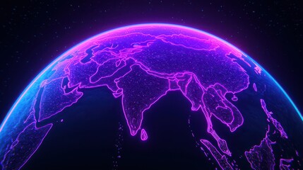 A vibrant, digitally rendered image of Earth emphasizing Asia, with neon colors and a cosmic backdrop, highlighting technological and futuristic themes.
