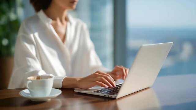 A recruiter creates a misleading job ad in a modern office with a city view, captured in a cinematic, three-quarter wide-angle shot.