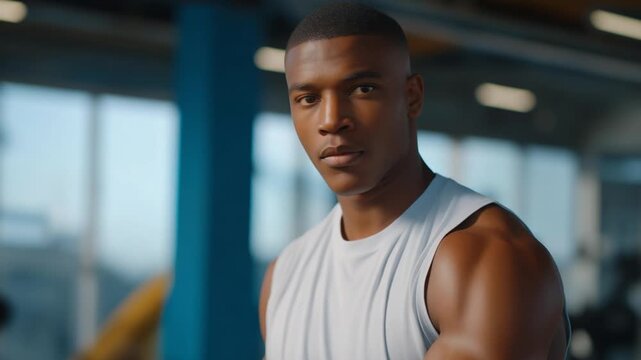 A cinematic gym ad featuring a trainer exaggerating fitness results with a dumbbell, camera, and studio equipment.