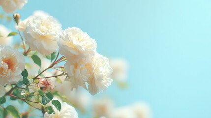 bouquet. Dreamy white rose bouquet softly focused against a blue sky, evoking serenity and natural beauty. gardening catalogs, home-decor guides, designed for home decor and floral branding.
