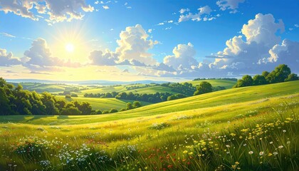 Fototapeta premium Vibrant Green and Yellow Meadow with Wildflowers under Bright Sky Rolling Hills and Distant Trees in Sunny Weather Serene Pastoral Landscape