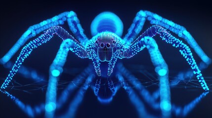 A futuristic, digitally rendered spider illuminated in blue tones, showcasing intricate details and a web-like background.