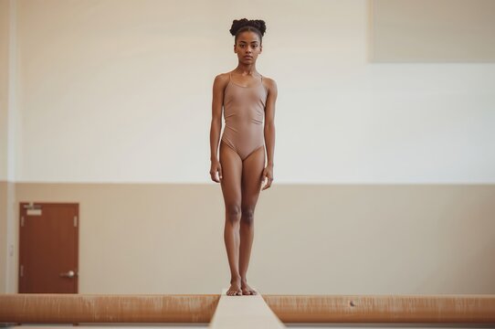 Serene gymnast balances gracefully on beam in minimalist pastel gym setting