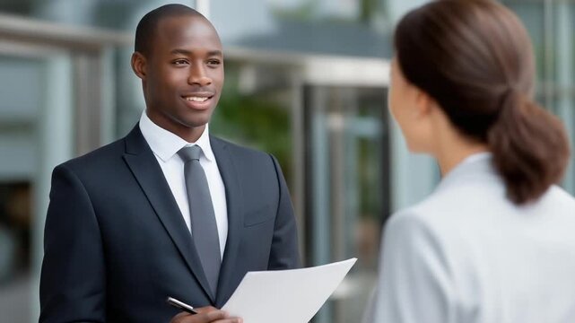 A cinematic scene of a suited salesperson exaggerating a pitch to a client in a sleek, glass-walled office.